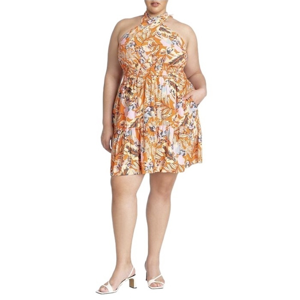 Eloquii Orange Luxe Tropic Plus Size Halter Flare Mini Dress Women’s US 24